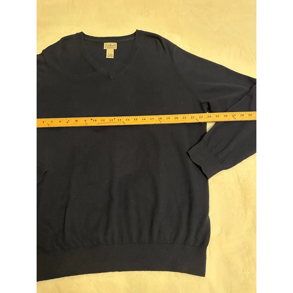 LL Bean Mens XL Navy Blue Cotton Cashmere V-Neck Sweater work Casual layer
